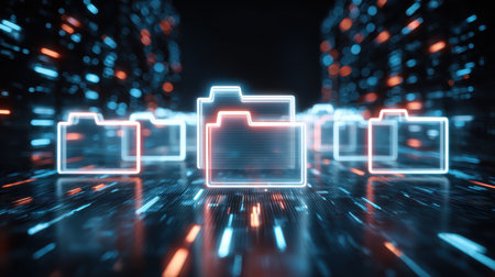 Digital data storage concept with glowing folder icons surrounded by neon lights representing technology and information in a virtual environmentの素材