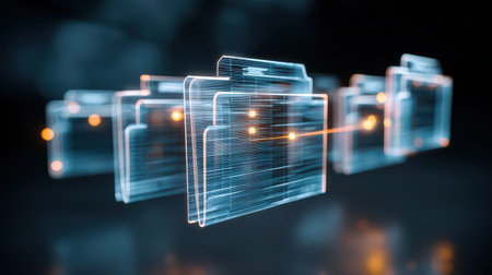 Futuristic digital folder design with glowing edges and connected lines representing data storage and organization in virtual reality environmentの素材