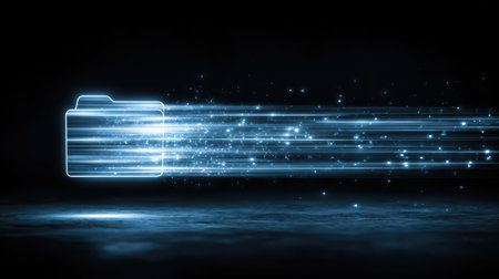 Glowing Digital Folder with Motion Lines Symbolizing Data Transfer in a Dark Background, Representing Technology and Digital Storage Conceptsの素材