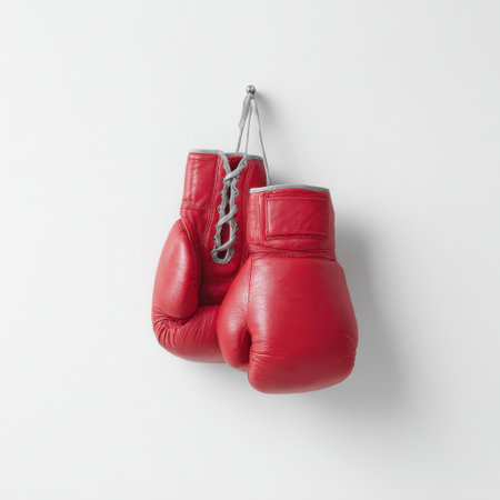 Vintage Red Boxing Gloves Hanging on a White Wall with Discreet Shadow, Perfect for Sports, Fitness, or Martial Arts Themes in Stock Photographyの素材