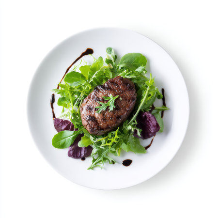 Grilled Steak atop a Fresh Green Salad with Balsamic Drizzle on a White Plate for Gourmet Culinary Presentationの素材
