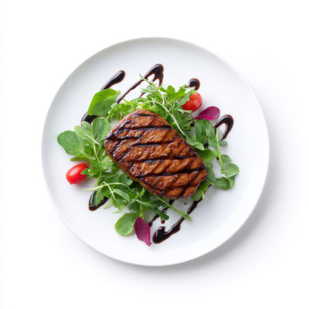 Grilled steak fillet served on a bed of fresh greens with cherry tomatoes and balsamic glaze artfully arranged on a white plateの素材