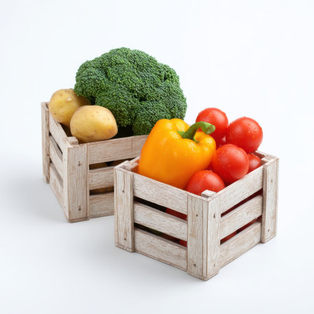 Fresh Organic Vegetables in Wooden Crates Including Broccoli, Potatoes, Red Tomatoes, and Yellow Bell Pepper Isolated on Light Backgroundの素材