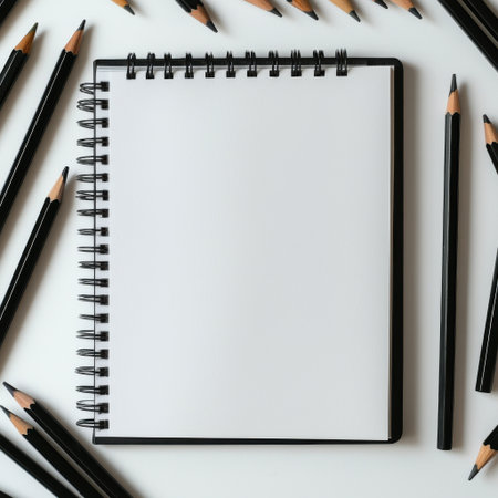 Blank Notebook Surrounded by Black Pencils on White Background for Creative Ideas, Art Projects, and Educational Purposes with Stationery Itemsの素材