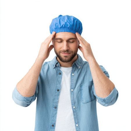 Young man in blue shower cap relaxing before hair wash in bathroom, enjoying personal care and grooming routine at home, wellness and hygiene conceptの素材