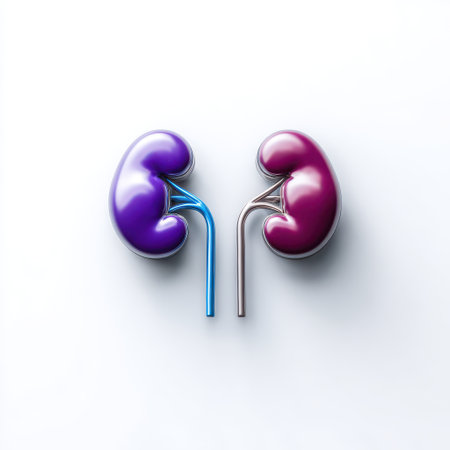 Abstract representation of two colorful kidneys with modern design, illustrating human anatomy, health, and medical concepts in vibrant colorsの素材