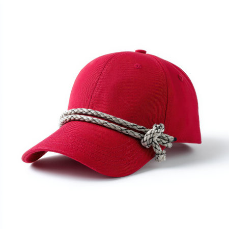 Red cap with unique rope detail, perfect for casual wear and outdoor activities, showcasing style and functionality in a vibrant color for various outfitsの素材