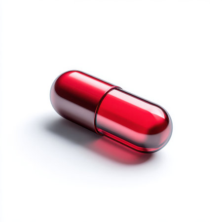 Glossy Red Capsule Isolated on White Background with Soft Shadows Ideal for Health and Pharmaceutical Related Designs or Illustrations of Medication and Supplementsの素材