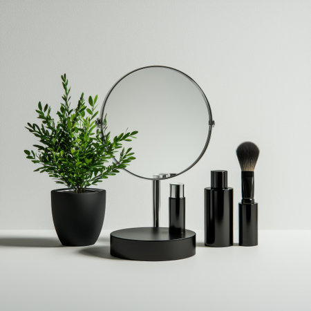 Elegant and Minimalist Makeup Display with Round Mirror, Skincare Products, Green Plant, and Makeup Brush on a Clean Surfaceの素材
