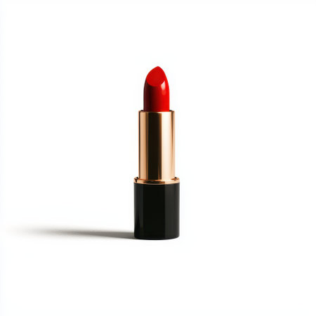 Elegant Red Lipstick in Gold and Black Holder Against Clean White Background for Fashion and Beauty Promotionsの素材