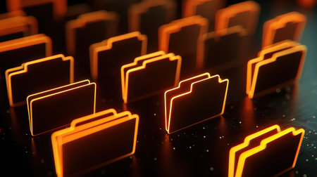 Abstract background of glowing orange folder icons on a dark digital surface representing data organization, technology, and information storageの素材