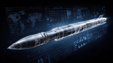High-tech Representation of Advanced Missile Design with Digital Data Visualization in a Futuristic Setting for Military Innovation and Defense Technologyの素材