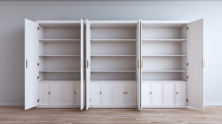 Modern white bookshelf with open doors displaying empty shelves in a minimalist interior setting, perfect for storage or display purposesの素材