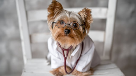 Cute Yorkshire Terrier Dressed as Doctor with Glasses and Stethoscope Sitting on a Chair in a Professional Settingの素材