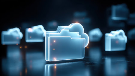 Glowing Digital Folders with Cloud Storage in a Futuristic Style, Representing Data Management, Technology, and Organization in a Sleek Environmentの素材