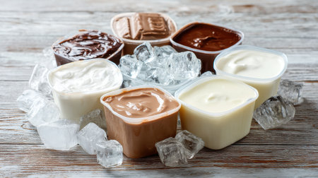 Assorted Small Containers of Creamy Dips Surrounded by Ice Cubes on a Wooden Table Ready for a Fun Gathering or Dessert Partyの素材