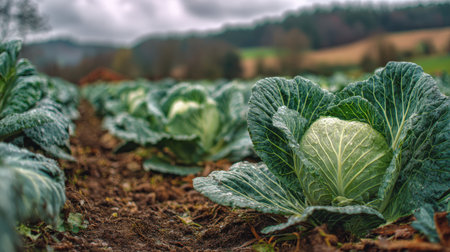 Fresh Cabbage Growing in a Lush Green Field Under A Dramatic Overcast Sky with Nature in the Background Highlighting Agricultural Practices and Harvestingの素材