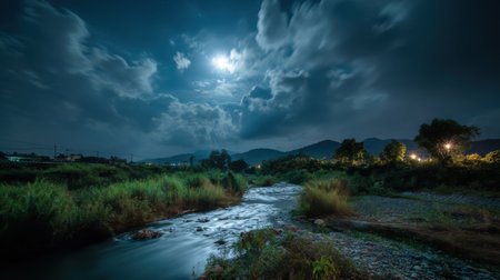 Serene Moonlit Landscape with Flowing Stream and Dramatic Clouds Over Mountains at Nightの素材