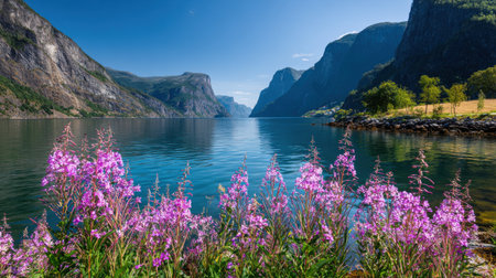 Serene Fjord Landscape with Vibrant Pink Flowers in the Foreground Surrounded by Majestic Mountains and Clear Blue Sky on a Calm Summers Dayの素材