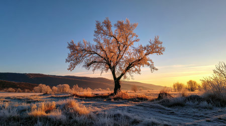 Frosty Tree at Sunrise in Serene Winter Landscape with Golden Light and Frost-Covered Grass, Nature's Beauty and Tranquility in the Morning Glowの素材
