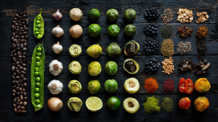 Fresh Organic Vegetables and Herbs Arranged in a Creative Layout on Dark Wooden Surfaceの素材