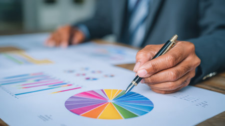 Detailed Analysis of Business Strategies with Colorful Charts and Graphs in Professional Setting by Analytical Businessmanの素材