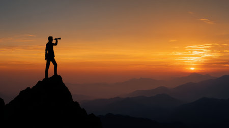 Silhouette of a Person on a Mountain Peak Using a Telescope Against a Vibrant Sunset Over a Scenic Horizon with Layers of Mountains in the Distanceの素材