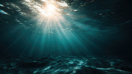 Stunning Underwater Scene with Sunlight Rays Penetrating the Deep Blue Ocean Water Creating a Serene and Tranquil Atmosphere Beneath the Surfaceの素材