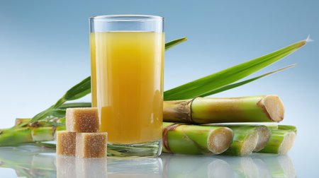 Freshly squeezed sugarcane juice in a clear glass with green sugarcane stalks and brown sugar cubes on a light blue backgroundの素材