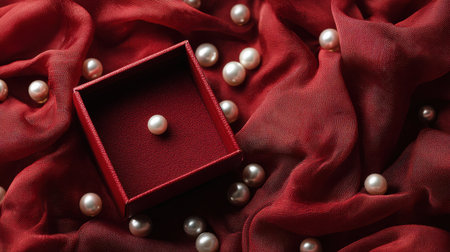 Elegant Red Velvet Background with Open Jewelry Box and Single Pearl Surrounded by Satin and Pearls for Luxurious Still Life Photograph Collectionの素材