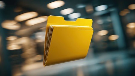 Bright Yellow Folder Floating in an Abstract Office Environment with Blurred Background and Modern Lighting Effects for Business and Organization Themesの素材