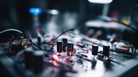 Close-Up of Electronic Circuit Board with Components, Wires, and Colorful LED Lights, Showcasing Technology and Innovation in Electronicsの素材