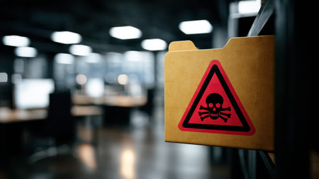 Caution Sign on Office Folder Alerting to Hazardous Material in Workspace Setting with Blurred Background for Safety Awareness in Corporate Environmentの素材
