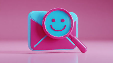 Colorful Email Icon with Magnifying Glass and Smiley Face on Pink Background, Representing Communication and Social Connection in Digital Ageの素材