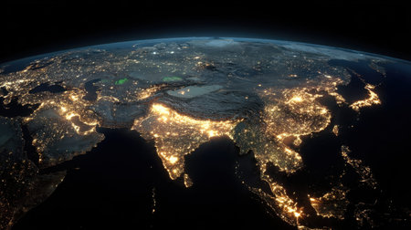 A Stunning Nighttime View of Asia from Space Highlighting Major Cities and Natural Landscapes Illuminated by Lights from Urban Areasの素材