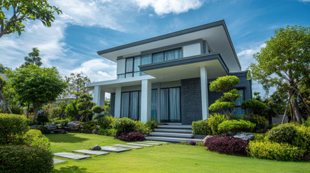 Modern house exterior view surrounded by lush greenery and landscaped garden under blue sky with clouds, showcasing contemporary architectural design featuresの素材