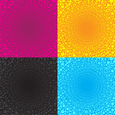 multiple dot Circles arranged in a wire circle bigger is 4 color tone pink yellow blue blackのイラスト素材
