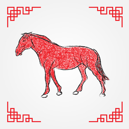Red ink drawing line art  horse zodiacのイラスト素材