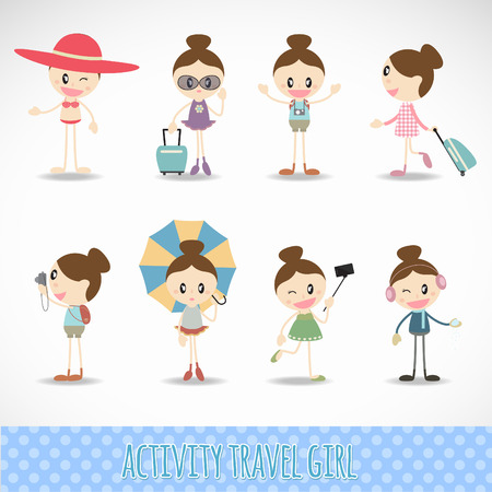 Action travel cute girl  activity set vector designのイラスト素材