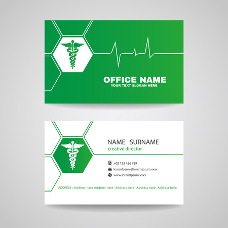 Business card for Medical healthcare - green Caduceus and Waves of the Heart vector designのイラスト素材
