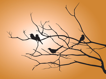 Black shadow bird and tree branch on orange sun light vector designのイラスト素材