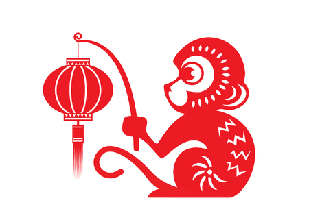 Red paper cut monkey zodiac symbol monkey holding lantern Red paper cut monkey zodiac symbol monkey holding lantern