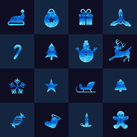 Blue christmas icon low poly setのイラスト素材
