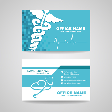 Business card for Medical healthcare - Whtie Caduceus , Stethoscope and Waves of the Heart on Soft Blue background vector designのイラスト素材