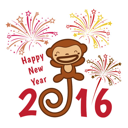 Happy  new year 2016 card is  cute monkey and fireworkのイラスト素材