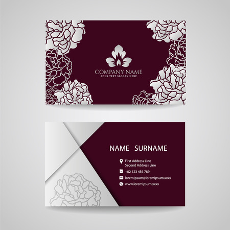 Business card - Silver floral frame and leaf logo on Crimson backgroundのイラスト素材