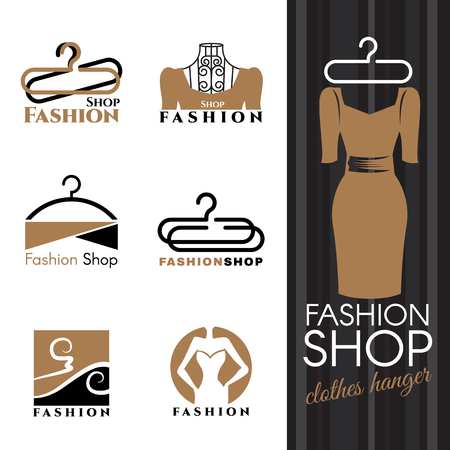 Fashion shop - Brown Dress and Clothes hanger vector set designのイラスト素材