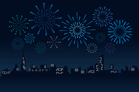Firework and Cityscape Building in night scene Illustration designのイラスト素材