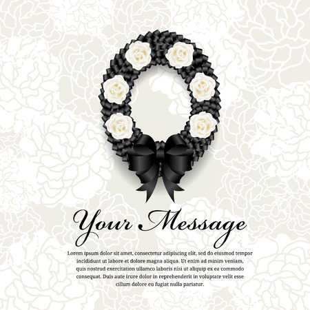Funeral card - Circle Black ribbon wreath bow and white rose on soft flower abstract backgroundのイラスト素材