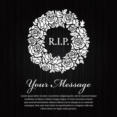 Funeral card - R.I.P. text in circle white wreath rose on black layout.のイラスト素材